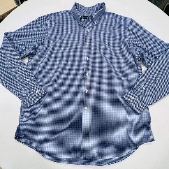 Ralph Lauren Gingham Plaid Check Mens XL Shirt Blue White Long Sleeve Green Pony - Picture 2 of 4